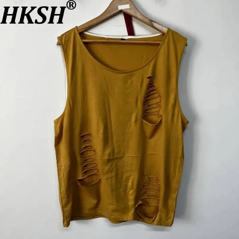 HKSH Summer New Men Tide Dark Punk Vintage Vest Ripped Torn Niche Design Trendy Loose Fit Chic Ins Fashion Tank Top Tees HK24770