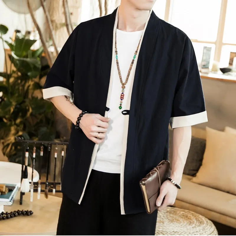 

Men's Chinese Sle Cotton Linen Five-Quarter Sve Outer K Suit Vintage Daoist Robe Zen Faion Summer Lightweight Jaet