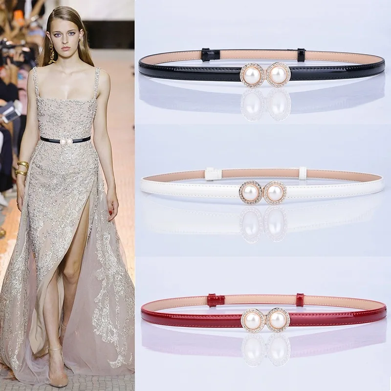 

Fashion Pearl Thin Belt Rhinestone Belt Genuine Leather Bling Crystal Adjustable Glitter Waistband Luxury Wedding Dress Girdle