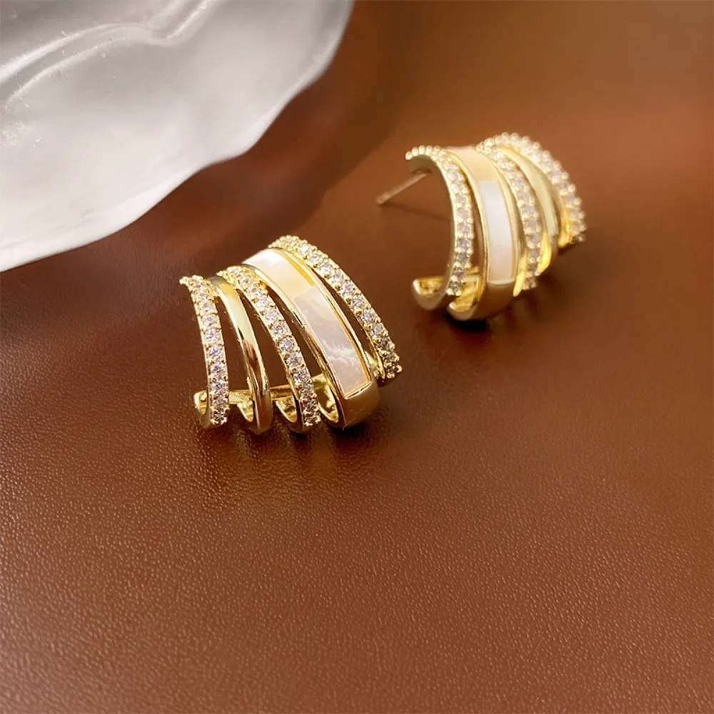 Classic Luxury Gold Color Multi-layered C-shaped Inlaid Zircon Stud Earrings for Women Fashion Anniversary Couple Date Jewelry