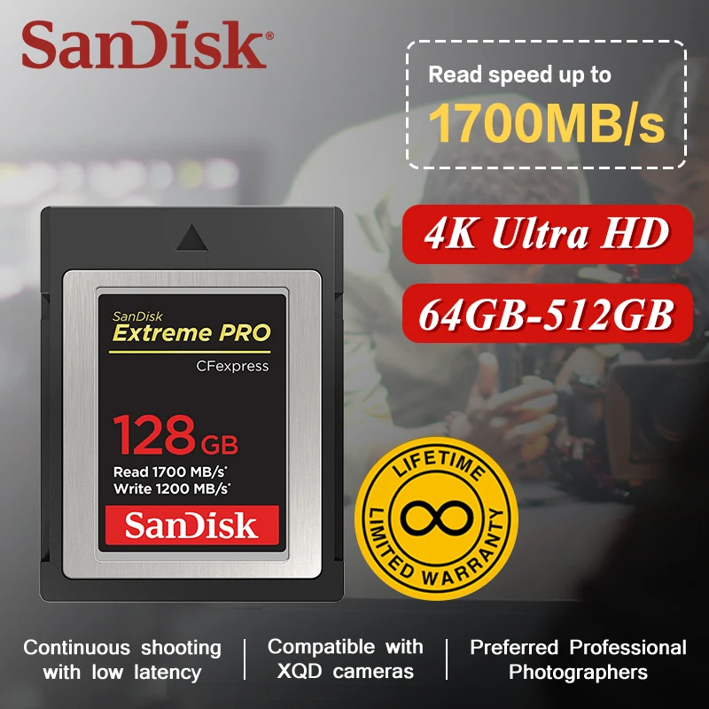 SanDisk Extreme PRO CFexpress Type B Memory Card Up To 1700MB/s RAW 4K 8K Video Recording 64GB 128GB 256GB 512GB for DSLR Cinema