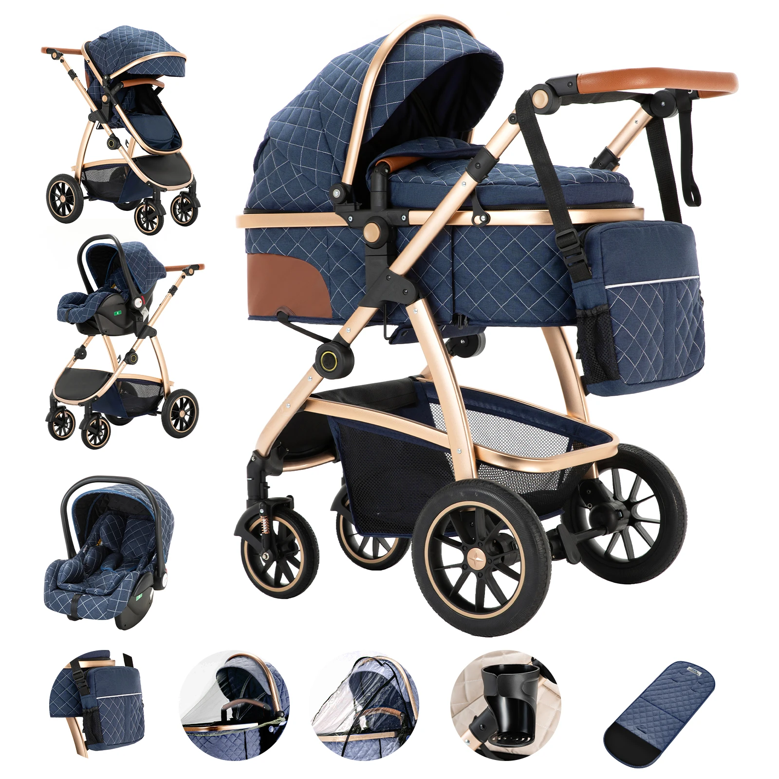 3-in-1 kinderwagen Reiskinderwagen met in hoogte verstelbaar handvat Reiskinderwagen met klamboe Kinderwagen met aluminium frame