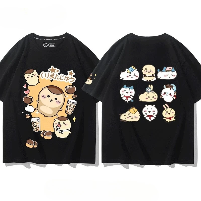Licensed Chiikawa Kurimanju Front And Back Print T-Shirt Unisex Pure Cotton Loose Harajuku Kawaii Fan Tee