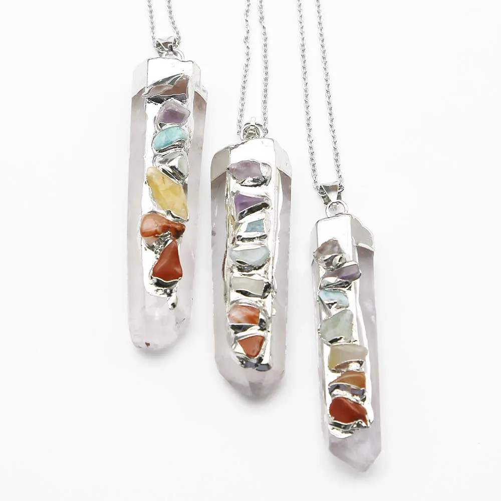 Natural Silver Plated 7 Color White Crystal Pillar Pendants Stainless Steel Chain Necklace Fashion Charms Jewelry Wholesale 4Pcs