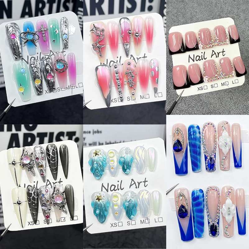 10Pcs Y2K Cool Spice Girls Black Pink Long Tip Handmade Press On Nails Cross Spider Diamond Fake Nail Duckbilled French Nail Art