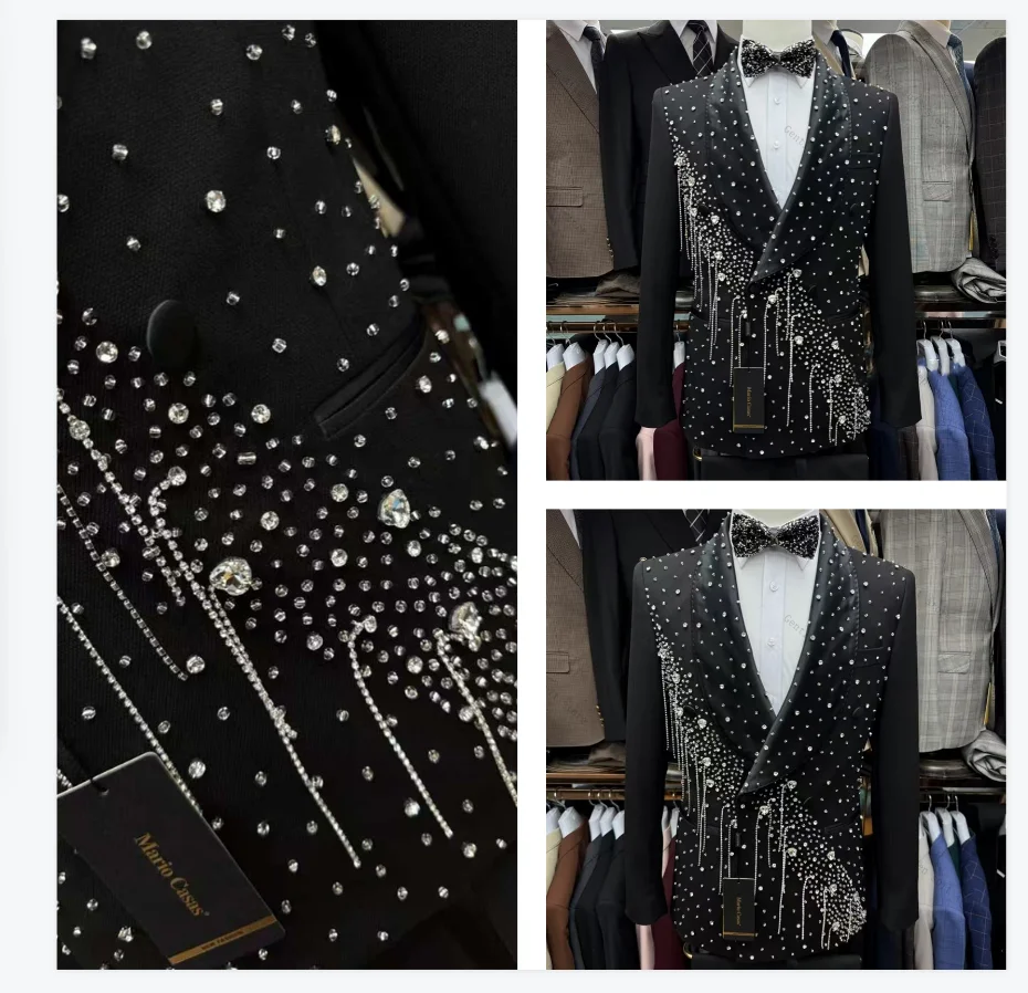 

Black Men Suit Set 2 Pcs Blazer+Pants Trousers Luxury Crystals Cotton Wedding Tuxedo Formal Office Jacket Prom Coat Customized