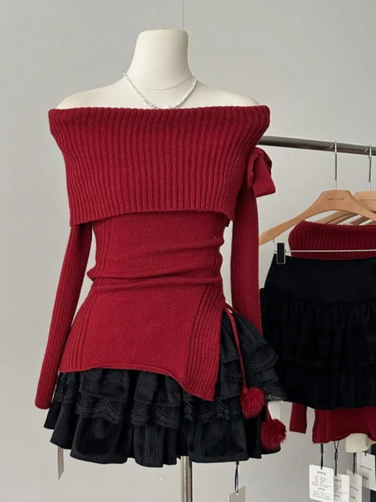 Autumn Winter Solid Sexy Skirt Set Women Korean Fashion Slash Neck Vintage Elegant Bow Sweater A-line Cake Skirts Two-Piece Sets