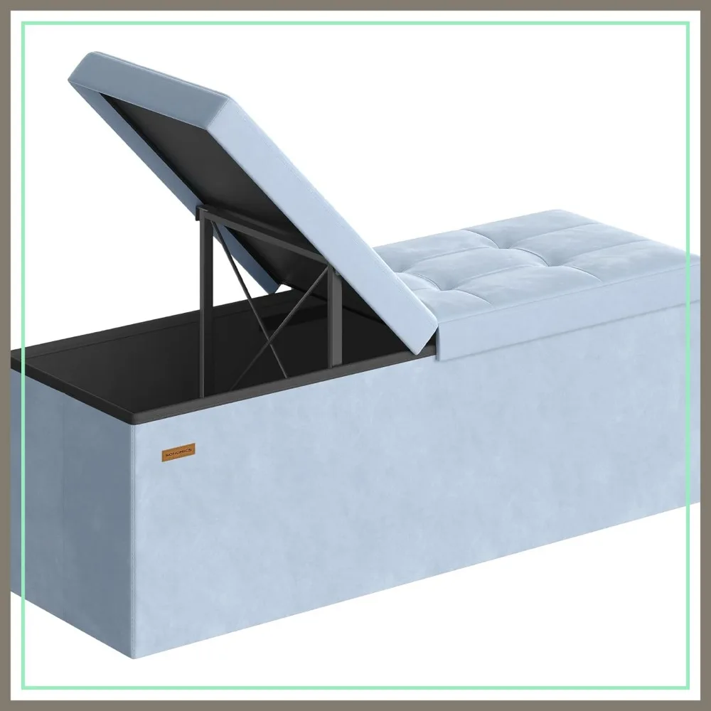 

43-Inch Storage Ottoman Bench, Folding Lid, 660 lbs Capacity, Velvet, Pale Blue
