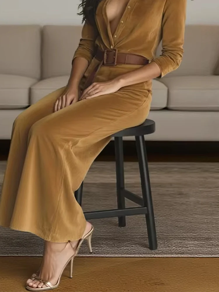 

Spring Autumn Long Sleeve Chic Maxi Dress Women Turn-Down Collar Simple Party Dress 2025 Suede Temperament Ladies Dress Vestidos