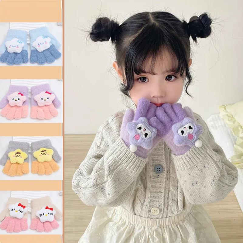 Kawaii Sanrio Gloves Kuromi My Melody Hello Kitty Cold-Proof Winter Finger Gloves Plush Screen Touch Warm Children Toddler Gifts