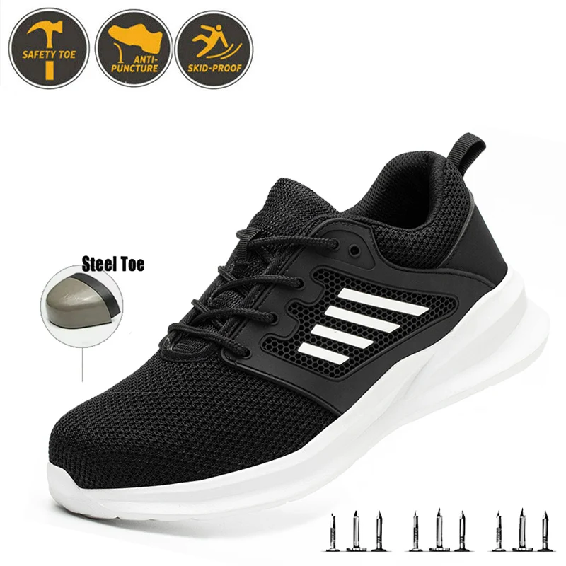 Zapatillas de seguridad para hombre, zapatos de seguridad con punta de acero, trabajo deportivo, antigolpes, antipinchazos, botas de trabajo negras para taller de forja