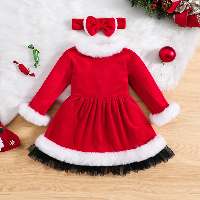 Kids Girls Christmas Dress, Winter Warm Long Sleeve Furry Patchwork Dress with Bowknot Headband for Cosplay Party