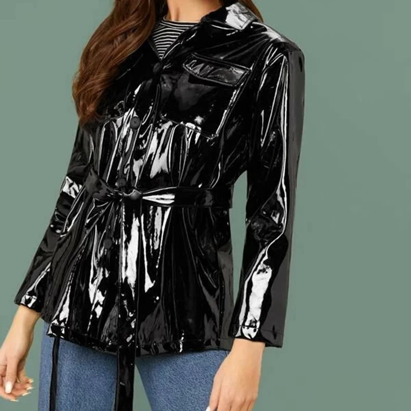 

Shiny Patent Leather Blazer Suit Women Faux Latex Wet Look Trench Coat With Belt Ladies Black PVC Overcoat Pocket Jacket Custom