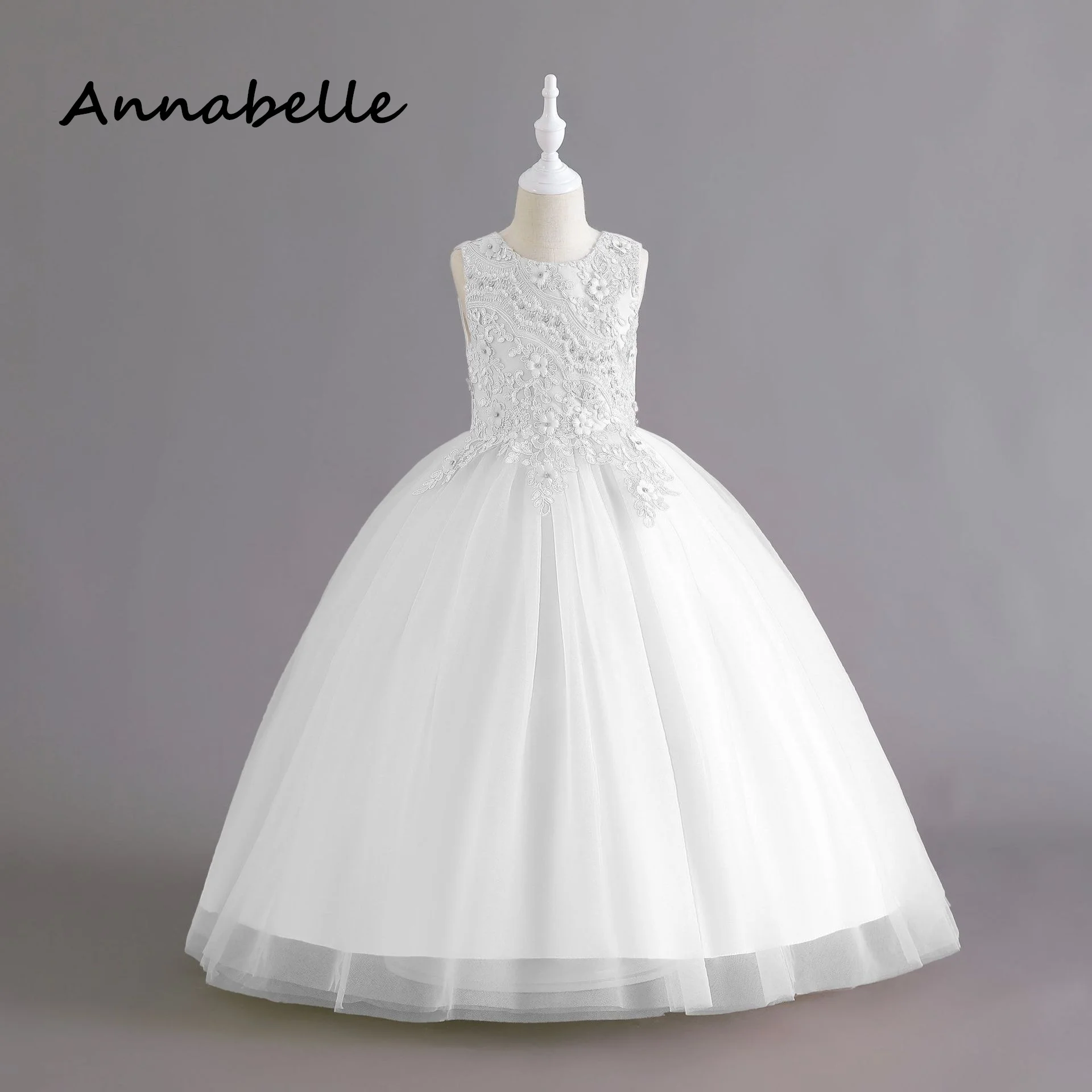 Annabelle Flower Girl Princess Dress Baby Girl Ceremony Birthday Puffy Appliques For Wedding Party Bridesmaid Bow Dresses