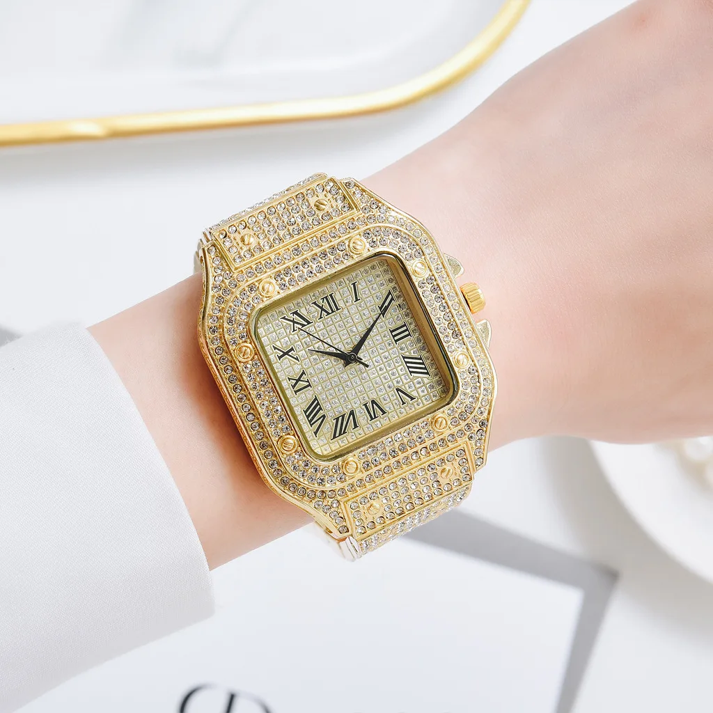 MAYZHISU Watch For Men Luxury Gold Square Men\'s Wristwatch Alloy Strap Full Diamond Business Quartz Watch for man Clock Gifts