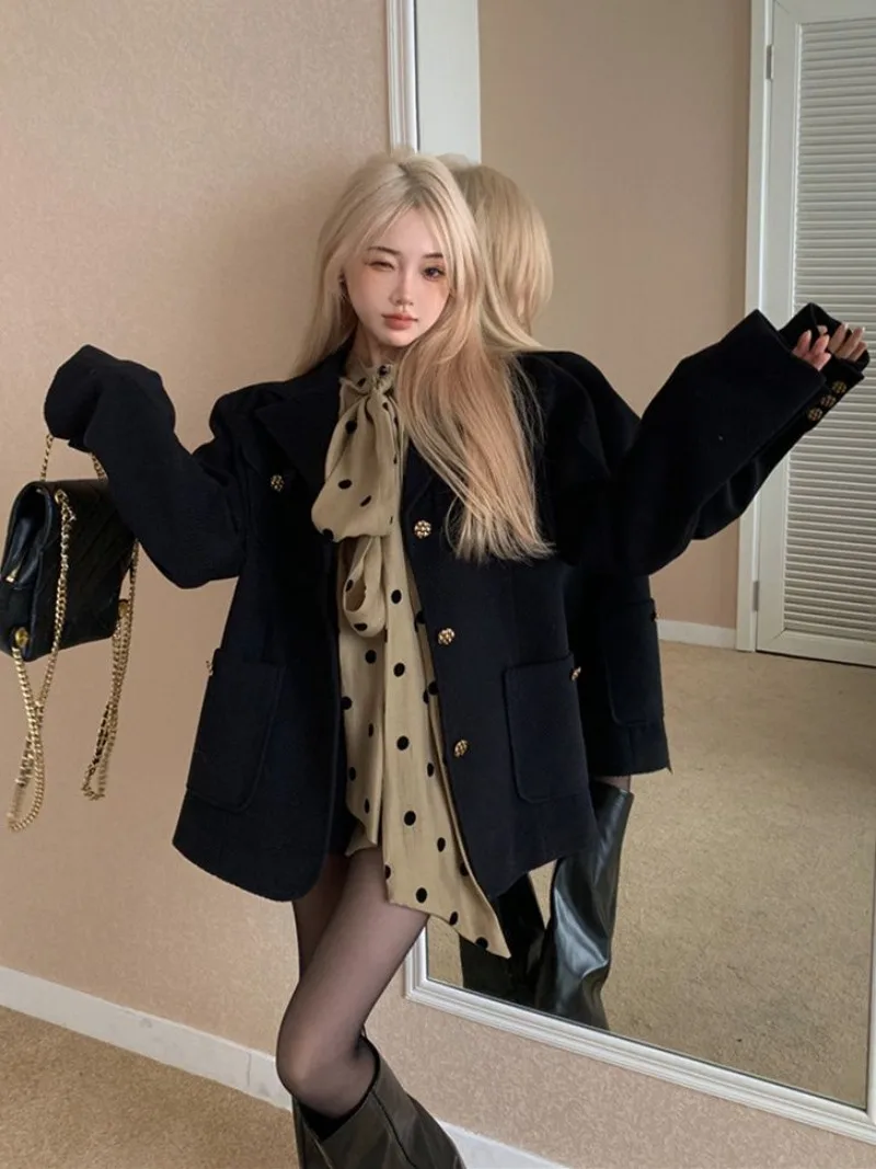 

Black Woolen Suit Jacket 2024 Women's Autumn and Winter Korean Loose and Thick High-end Small Fragrant Style Coat Female Clothes