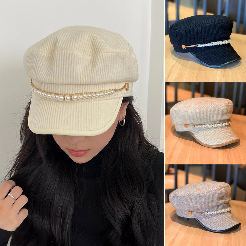 Fashion Pearl Chain Flat Top Navy Hat Beret Caps Brand Designer Autumn Winter Octagonal Newsboy Caps Hats Women\'s Sun Protection