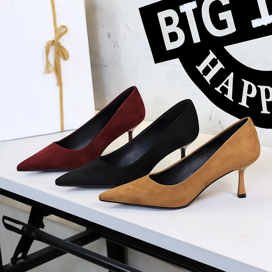 

Women High Heel Shoes Sexy Flock Pointed Toe Pumps Fashion Shallow Slip on Office Heels Slides Luxury Stiletto Zapatos De Mujer