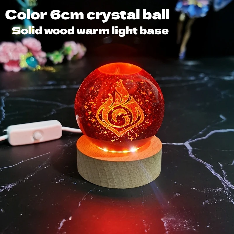 Genshin Impact 6cm Crystal Ball Night Light 3d Internally Carved Seven-Element Crystal Atmosphere Light Ornament Two-Dimensional