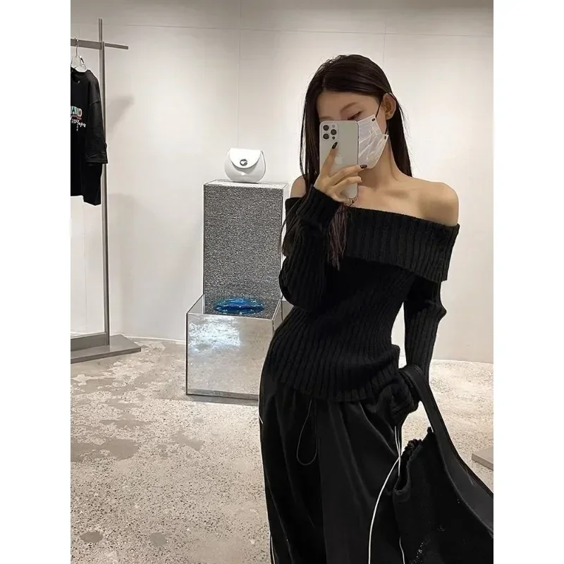 Off Schulter frauen Pullover Koreanische Mode Herbst Schwarz Gestrickte Pullover Langarm Weibliche Elegante Pullover Sexy Jumper