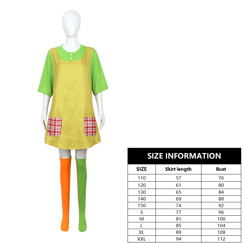 Anime Pippi Longstocking Cosplay Costume Striped Apron Green Shirt  with Apron Socks Full Set Halloween Carnival Party Outfit view 5