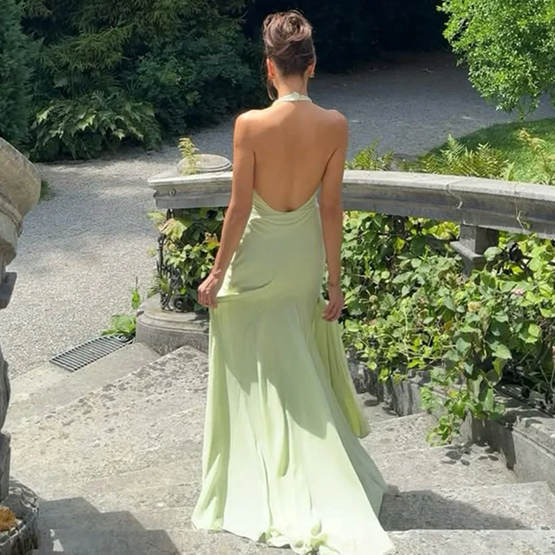 Women's New Sexy Deep V-neck Holiday Beach Style Elegant Backless See-through Mesh Splicing Maxi Bodycon Dress - Green Color