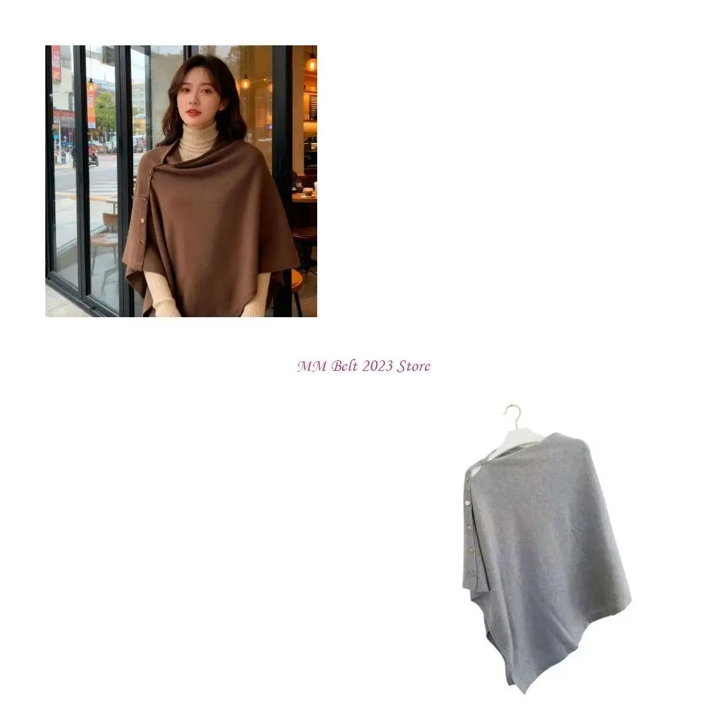 

49ME Women Diagonal Button Cloak Shawl Fashion Spun Yarn Loose Fit