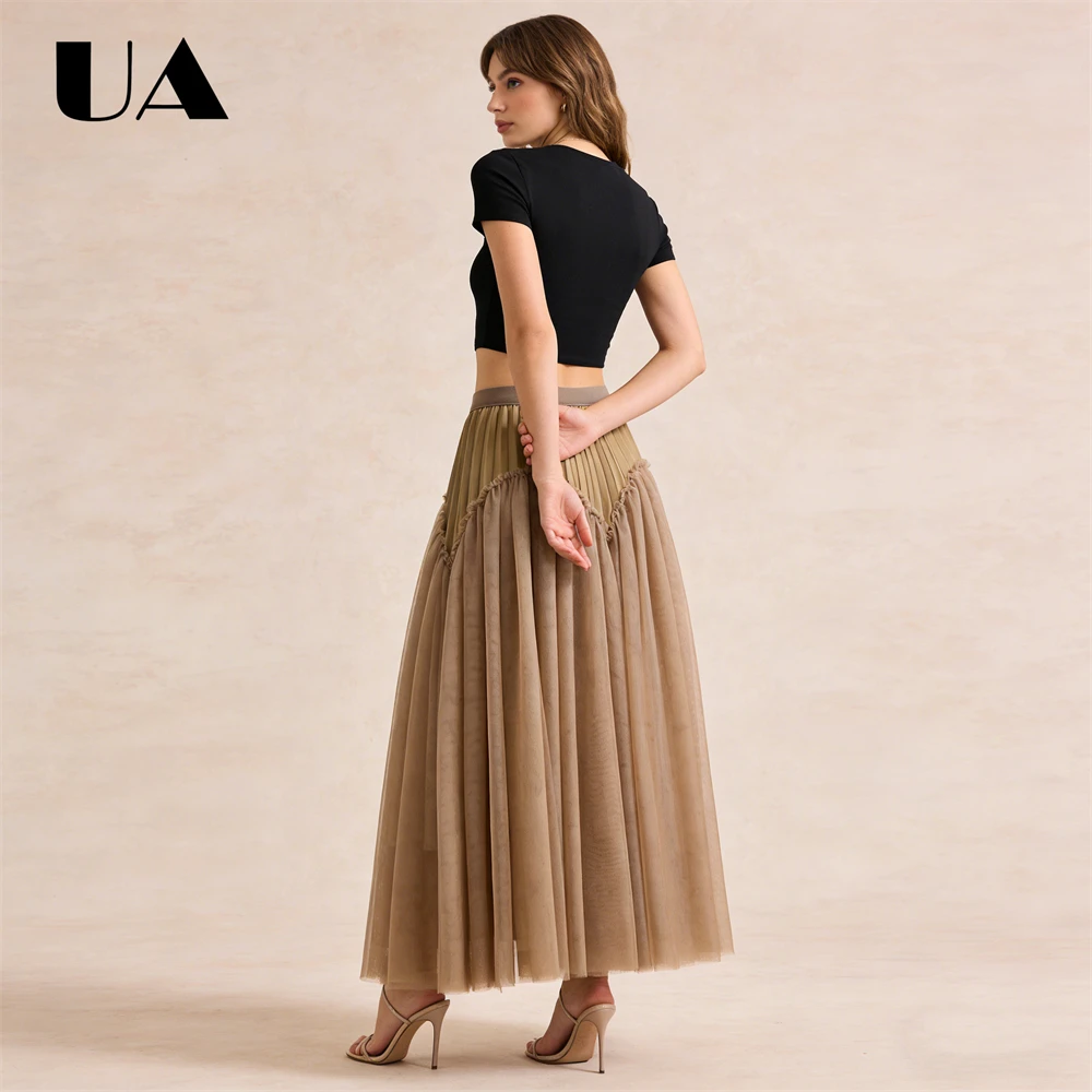 Mesh Skirt for Women, 85cm Long Pleasted Skirts Spring & Autumn Fashionable Skirts Solid Layers Dress ULBYANRY