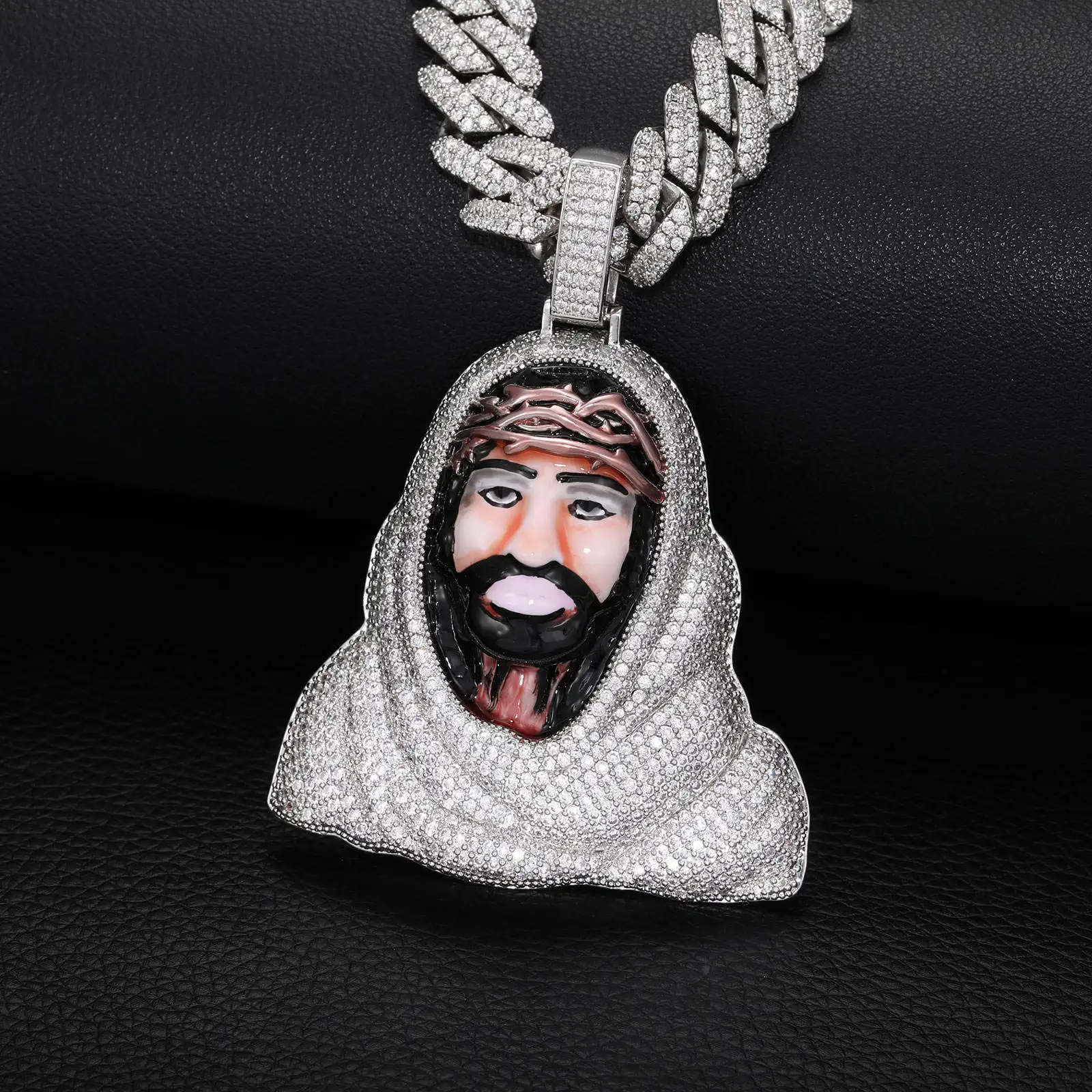 Hip Hop Pendant Necklace with Synthetic Zircon Enamel Fashion Portrait Rope Chain Accessories Anniversary unique gift
