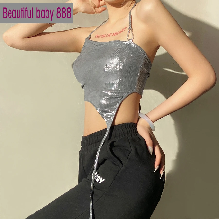 Meqeiss Fashion Sexy Off Shoulder Backless bandage Female Camisole Summer New Casual Party Vacation Beach Slim Shiny Silver Top