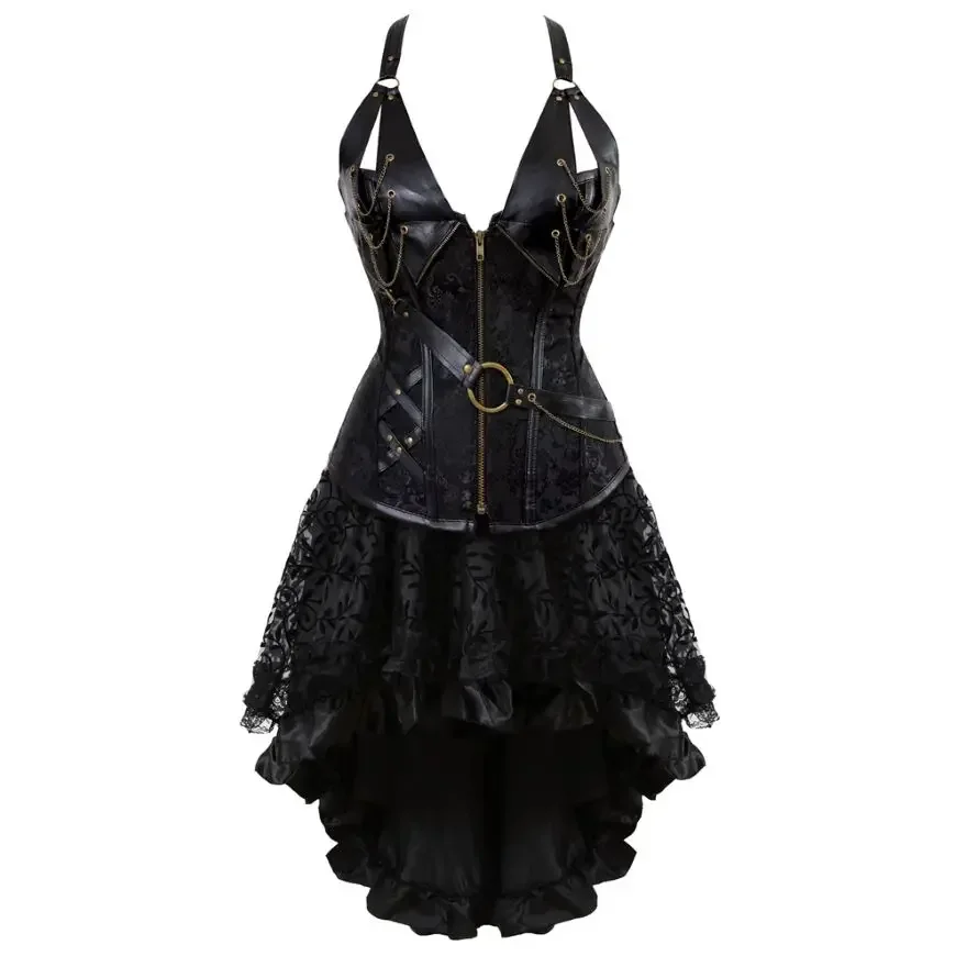 

Steampunk Corset Dress Plus Size Burlesque Costume Corsets Halter High Low Skirt Pirate Bustiers Dresses