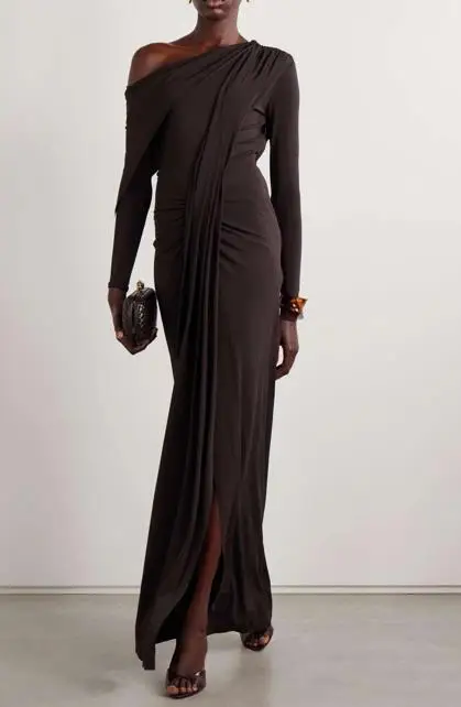 

Women's Dress Summer New French Style Dress Solid Color Slanted Collar and Pleated Patchwork Design Long Sleeved Party Dress