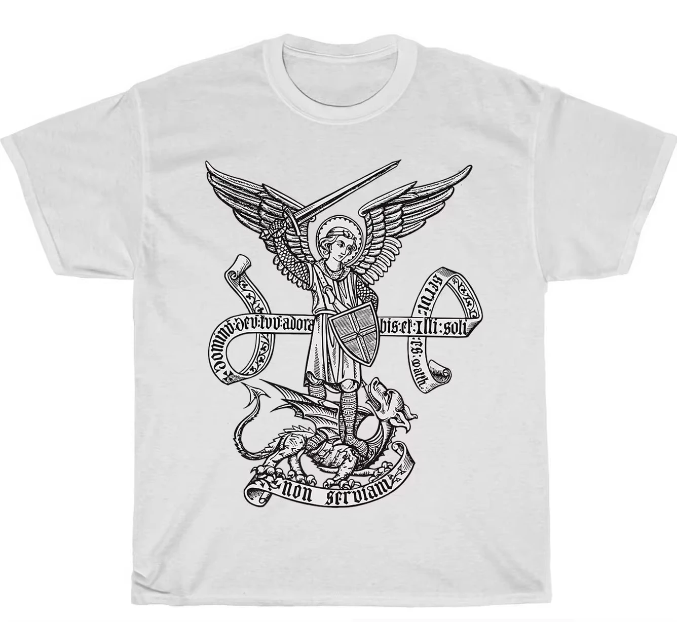 2026 Black Retro Medieval Wing Knight Beast Scroll Match Graphic T-shirt Grunge Print Soft Cotton Sh