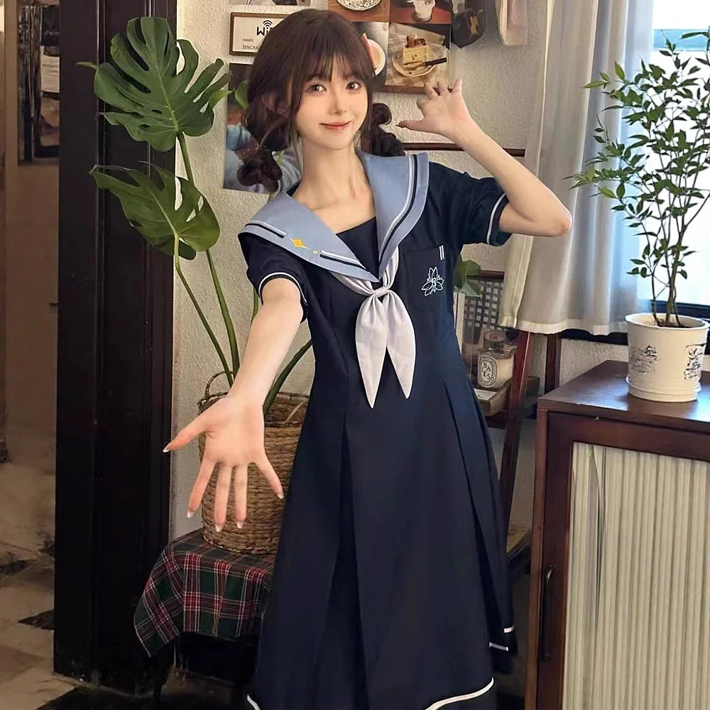 robe-plissee-mi-longue-a-col-marin-style-preppy-d'ete-taille-cintree-tenue-uniforme-jk-a-manches-courtes-pour-femmes