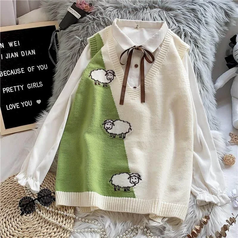 2024 Spring Autumn Sweater Knitted Vest Korean Top for Women Clothing Oversize Vintage Sleeveless Kawaii Harajuku V-Neck Sheep