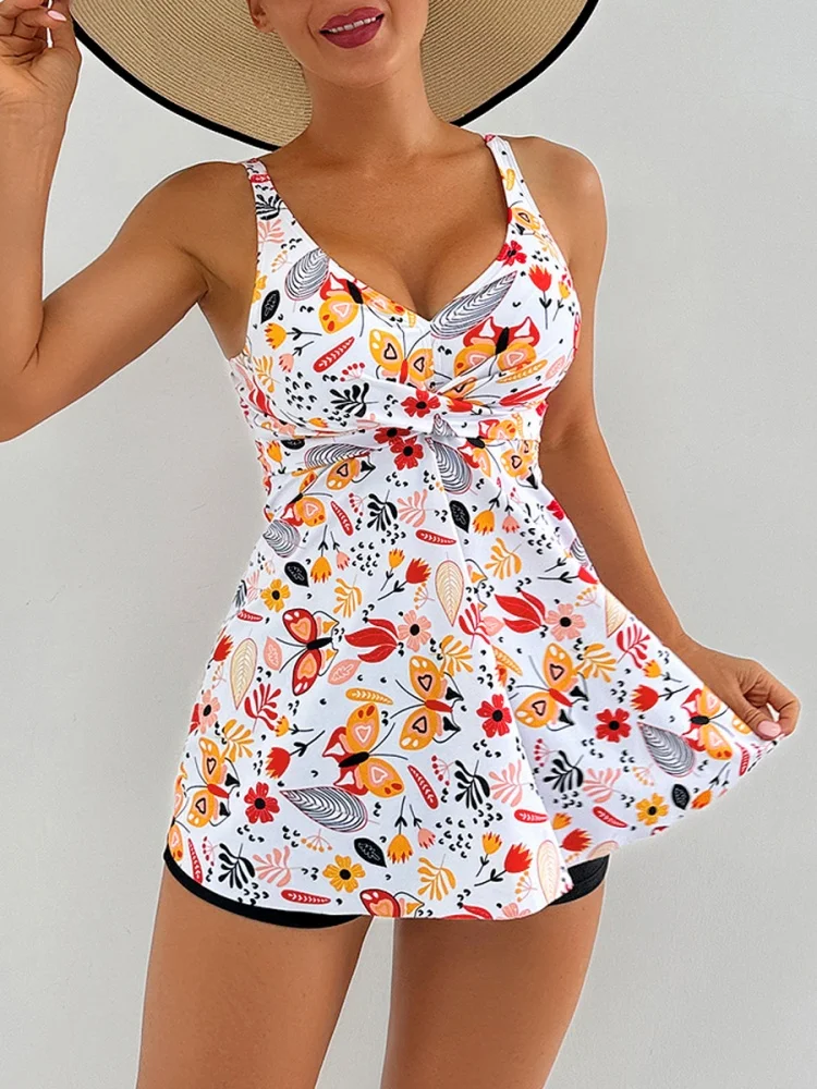 

Two Piece Swimsuit Women 2025 New Print Sling V Neck Sexy Tankini Swimwear Summer Boxer Shorts Beachwear Bathing Suit For Female