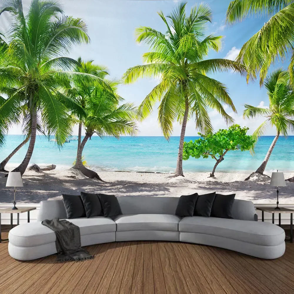 Seaside Outdoor Landscape Tapestry Blue Sky Beach Coconut Tree Tropical Nature Landscape Bedroom Wall Hanging Living Room Mural