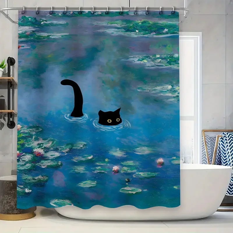 Unique Cat in Waterlily Pond Shower Curtain, Waterproof Fabric with for Quirky Bathroom Decor, Perfect for Cat Lovers