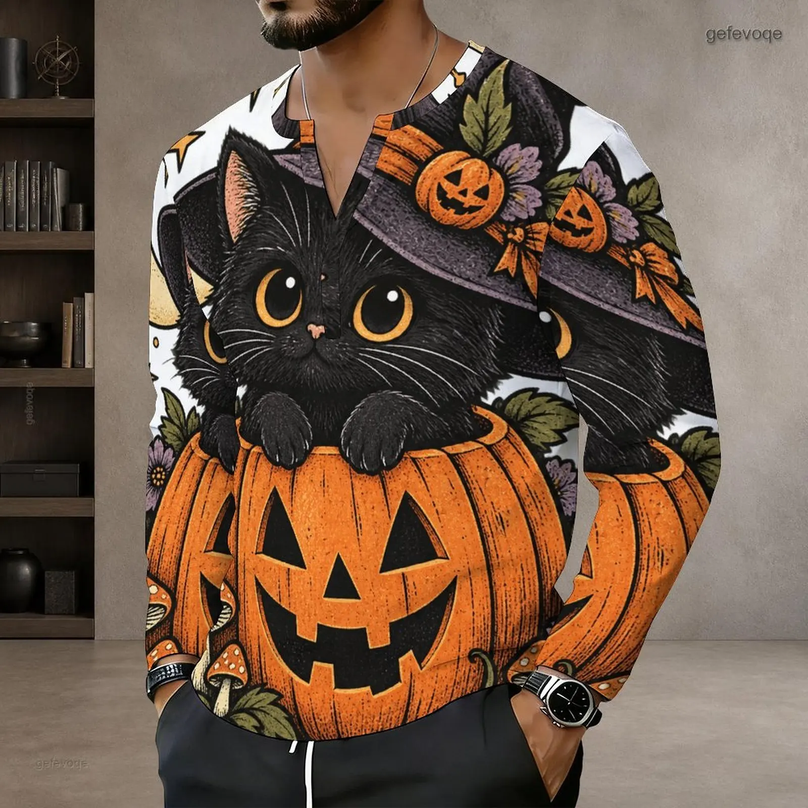 Men Notch Neck Long Sleeve Pullover Straight Hem Printed Top