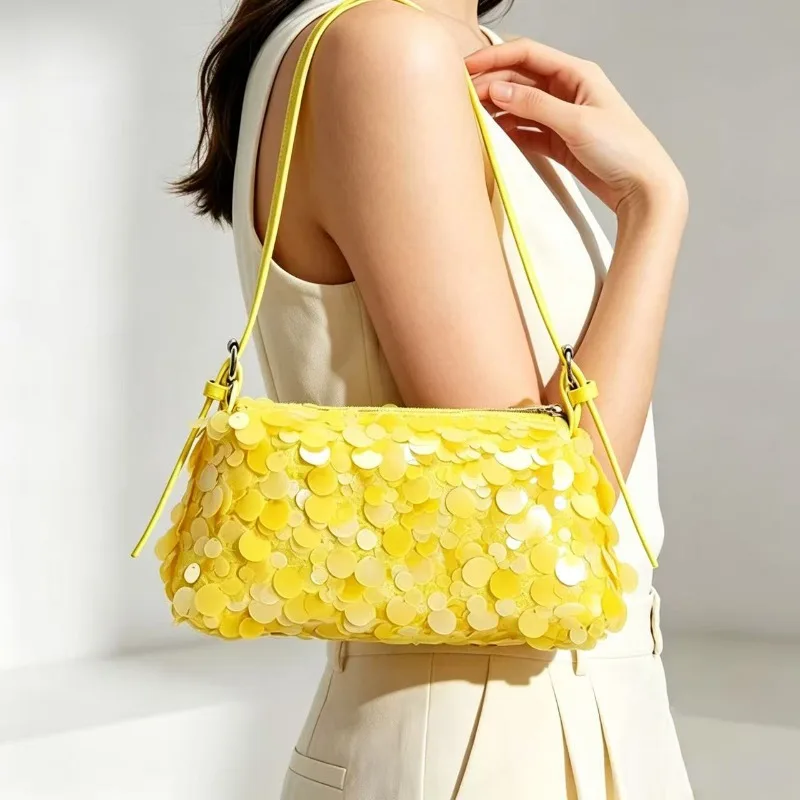 

Fashion Shiny Yellow Sequin Shoulder Bags for Women Lightweight Prom Dresses Bridal Party Wedding Underarm Bag Female Handbag