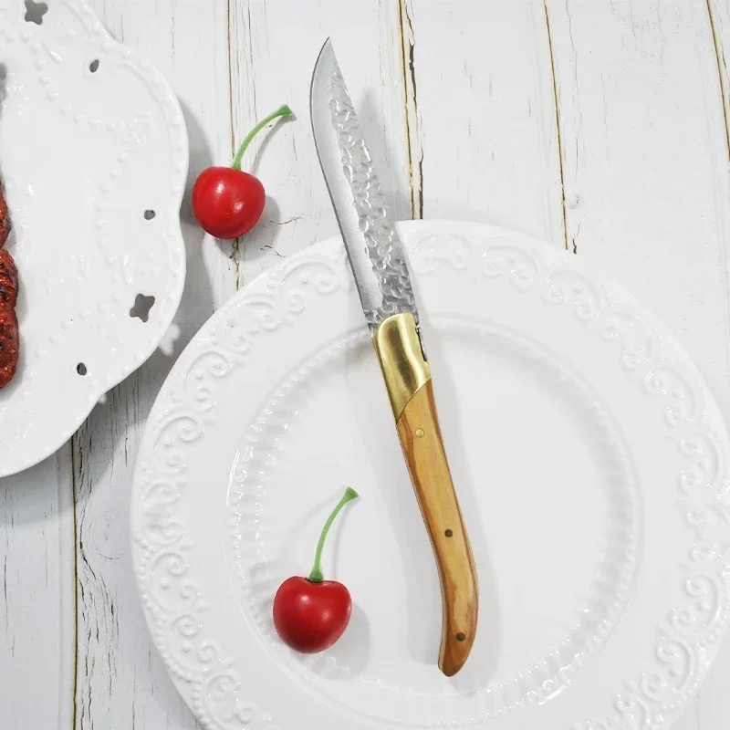 Laguiole Steak Knives Set Stainless Steel Japanese Table Knifs Olive Wood Polished Jaws and Hammered Blade Restaurant Cutlery