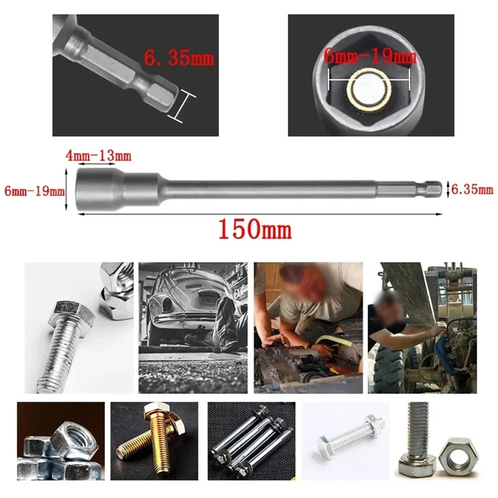 1 pçs 6mm-19mm chave de soquete sextavada magnética 150mm chaves de fenda pneumáticas chave de soquete extensão manga acessórios da ferramenta elétrica