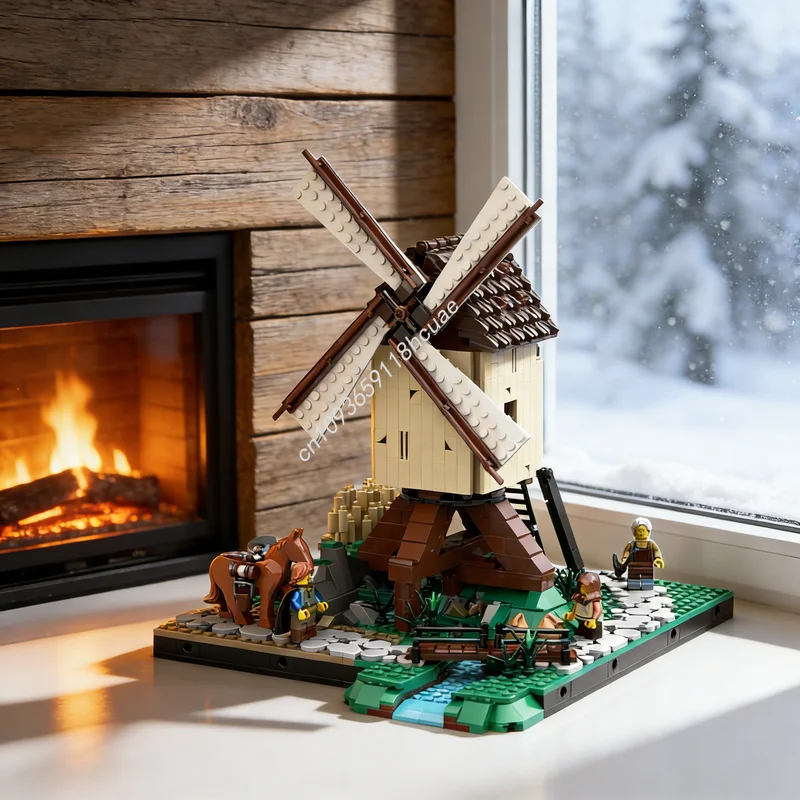 

1241 деталей MOC: Средневековый поселок с мельницей, диорама замка, модель для сборки, архитектурные конструкторы, развивающие игрушки, идея для рождественского подарка, кирпичики