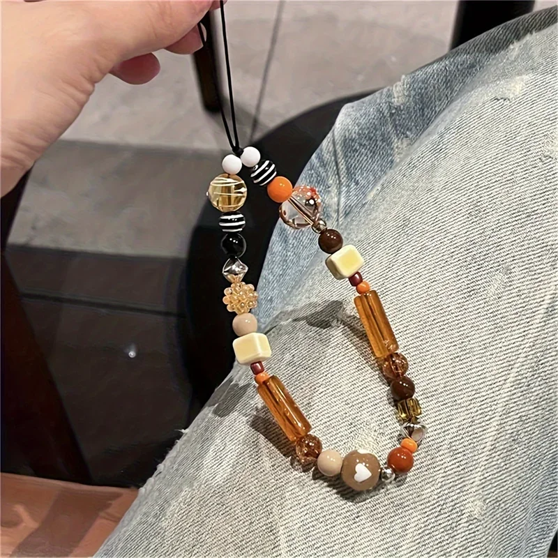 Korean Cute Brown Rectangle Pendant Phone Charm Chain Keycord Rope for IPhone Keyring Jewelry Strap Gift Girl Hanging Cord Decor
