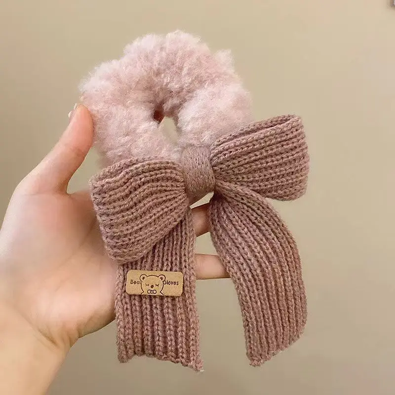 1pc Knitted Lamb Wool Bow Hair Rings - Solid Boho Chic Hair Ties for Girls Cozy Hair Accessories Set with Bow Clips image 5