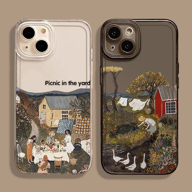 IPhone 16 15 14 11 12 13 Pro Max Mini X XR XS 7 8 Artı Telefon Kılıfları Sanat Kız Çizimler Yağlıboya Yumuşak Darbeye Dayanıklı Kapak