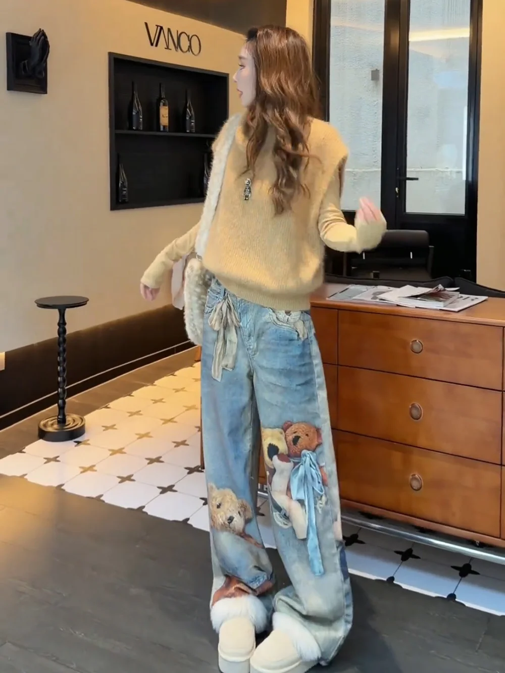 

Джинсы женские с высокой талией, прямые, с 3D-принтом мультяшного медведя, свободные, широкие, длинные брюки, весна 2026, новинка