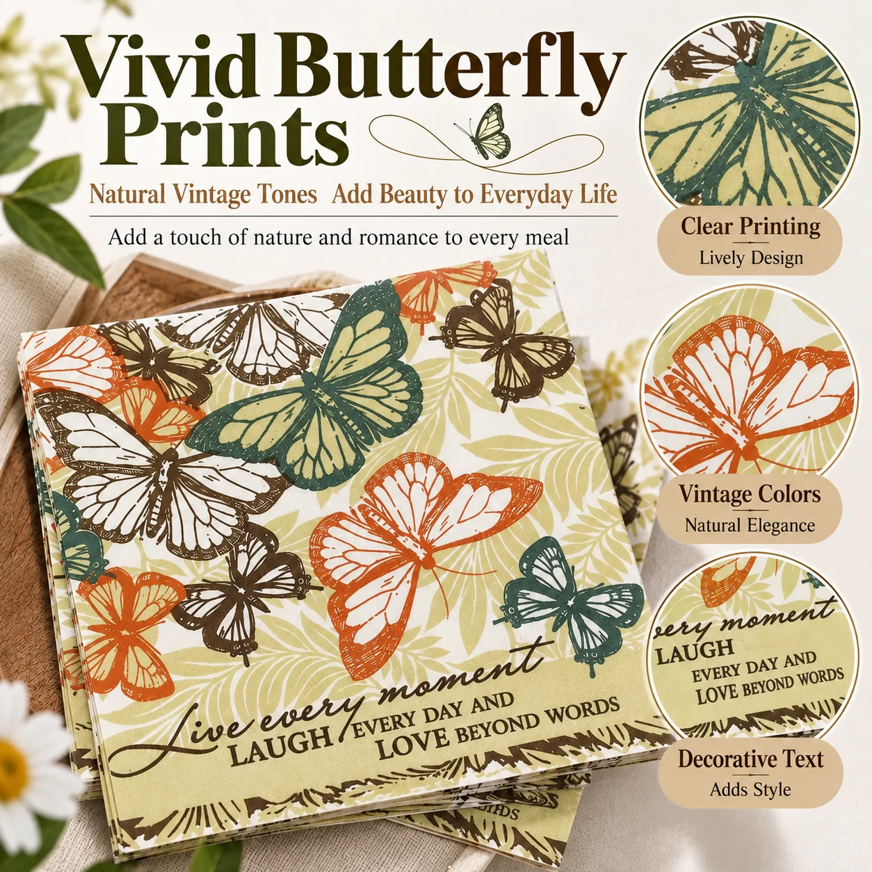 Vintage Butterfly Print Paper Napkins 33x33cm Floral Leaf Decorative Table Napkins for Party Dinner Afternoon Tea