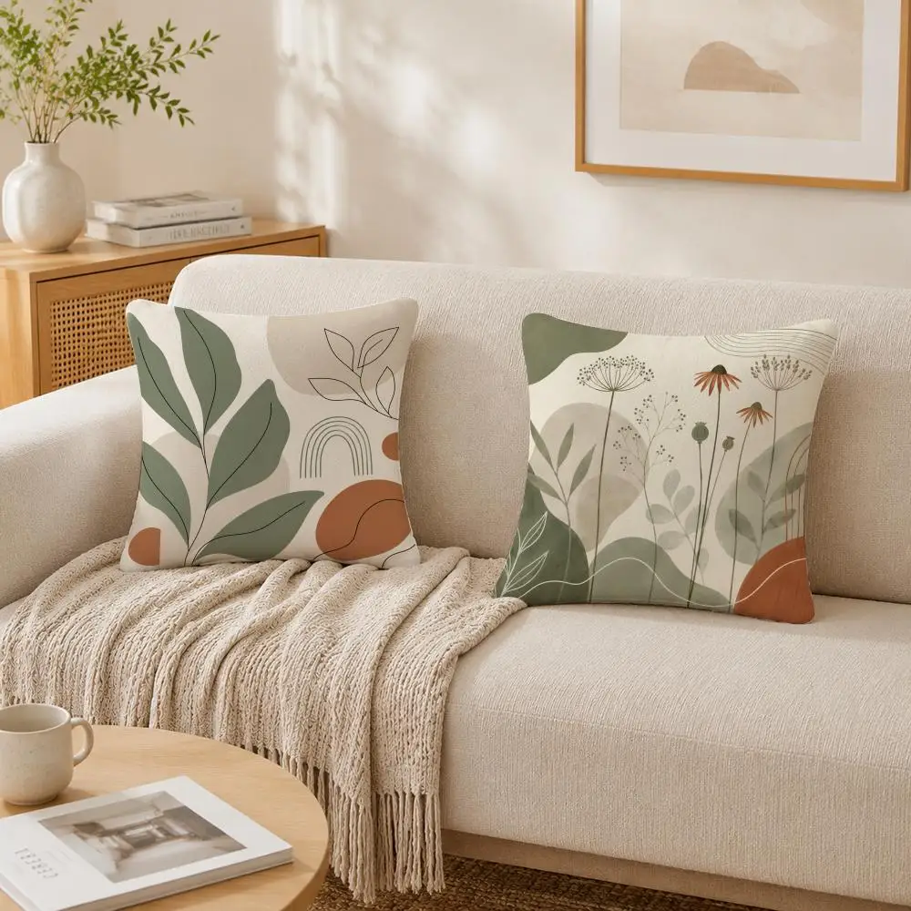 Boho Green Abstract Pillow Case Double-Sided Plush Sofa Cushion Covers Organic Breathable Invisible Zipper
