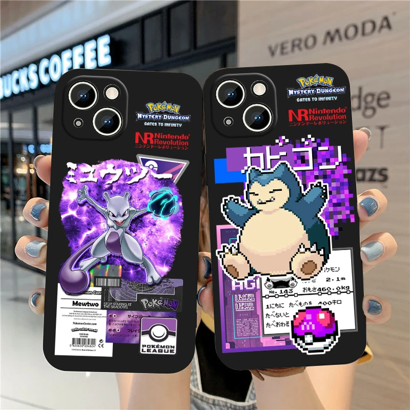 Luxury Pokémon Mew Snorlax For Apple iPhone 15 14 13 12 Mini 11 XS XR X 8 7 Pro Max Plus Soft Silicone Black Phone Case